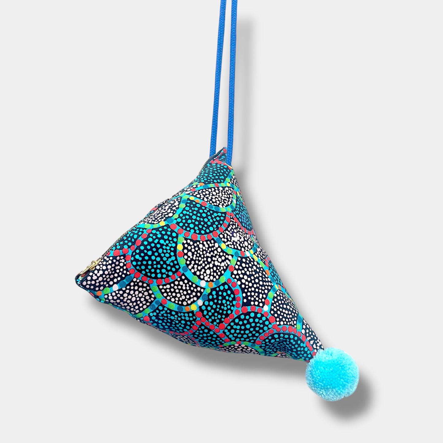 Origami triangle cross body bag , cute colorful pom pom bag , Japanese inspired handmade fabric bag | The ancestors land