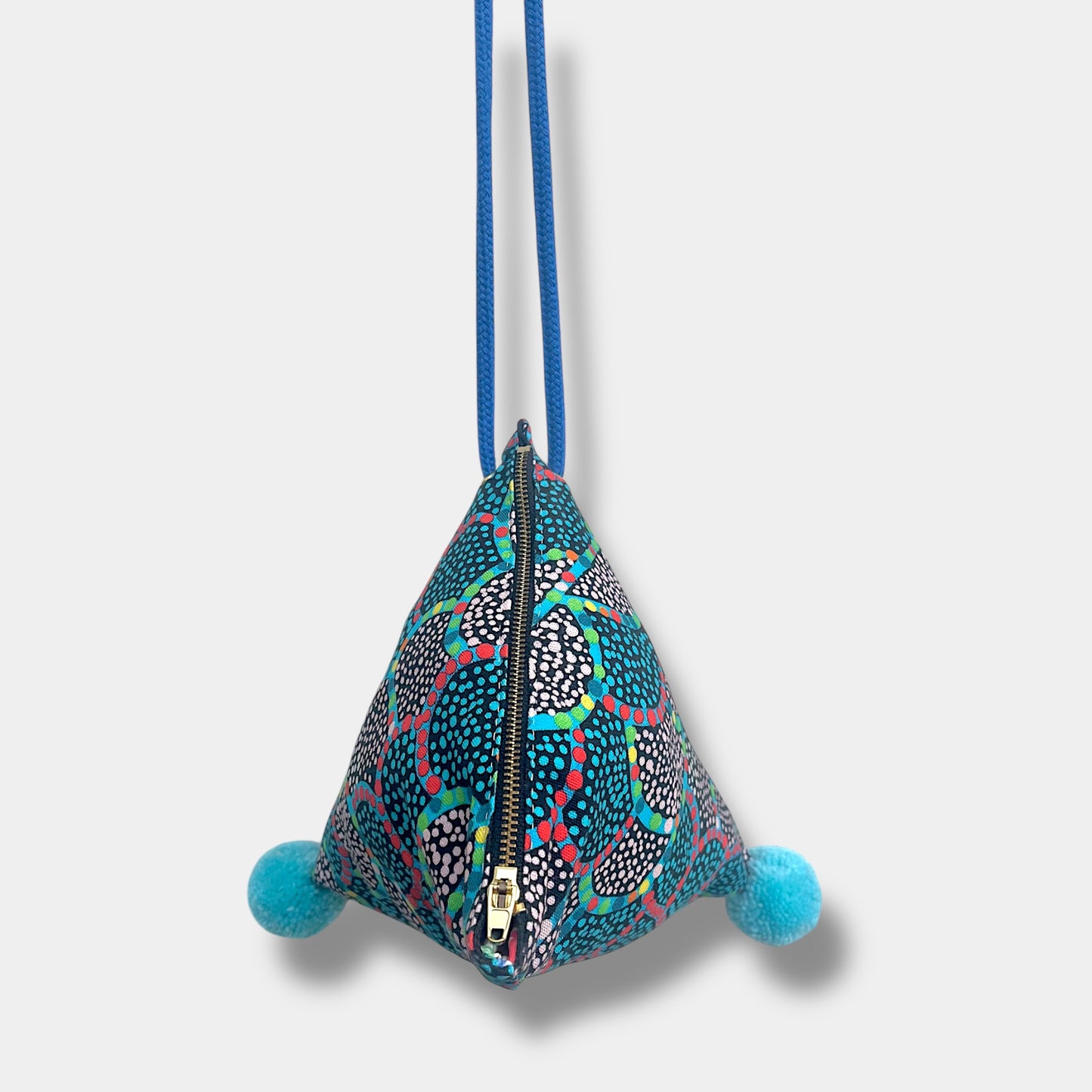 Origami triangle cross body bag , cute colorful pom pom bag , Japanese inspired handmade fabric bag | The ancestors land