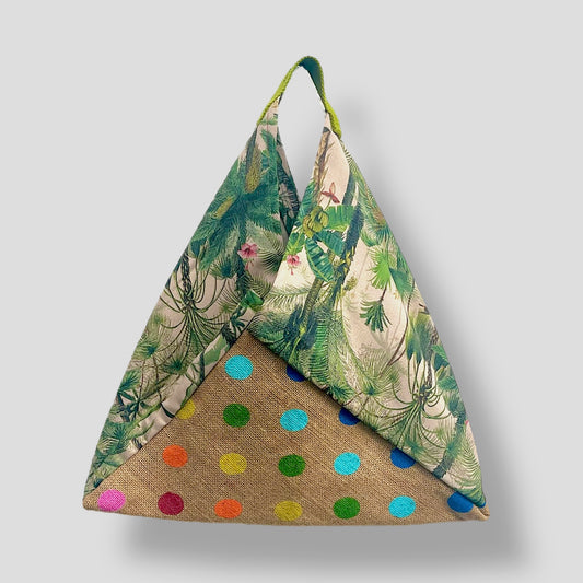 Azuma bukaro Japanese bag , origami tote bento bag , handmade jute shopping bag , polka dots colorful eco bag | A polka dots jungle