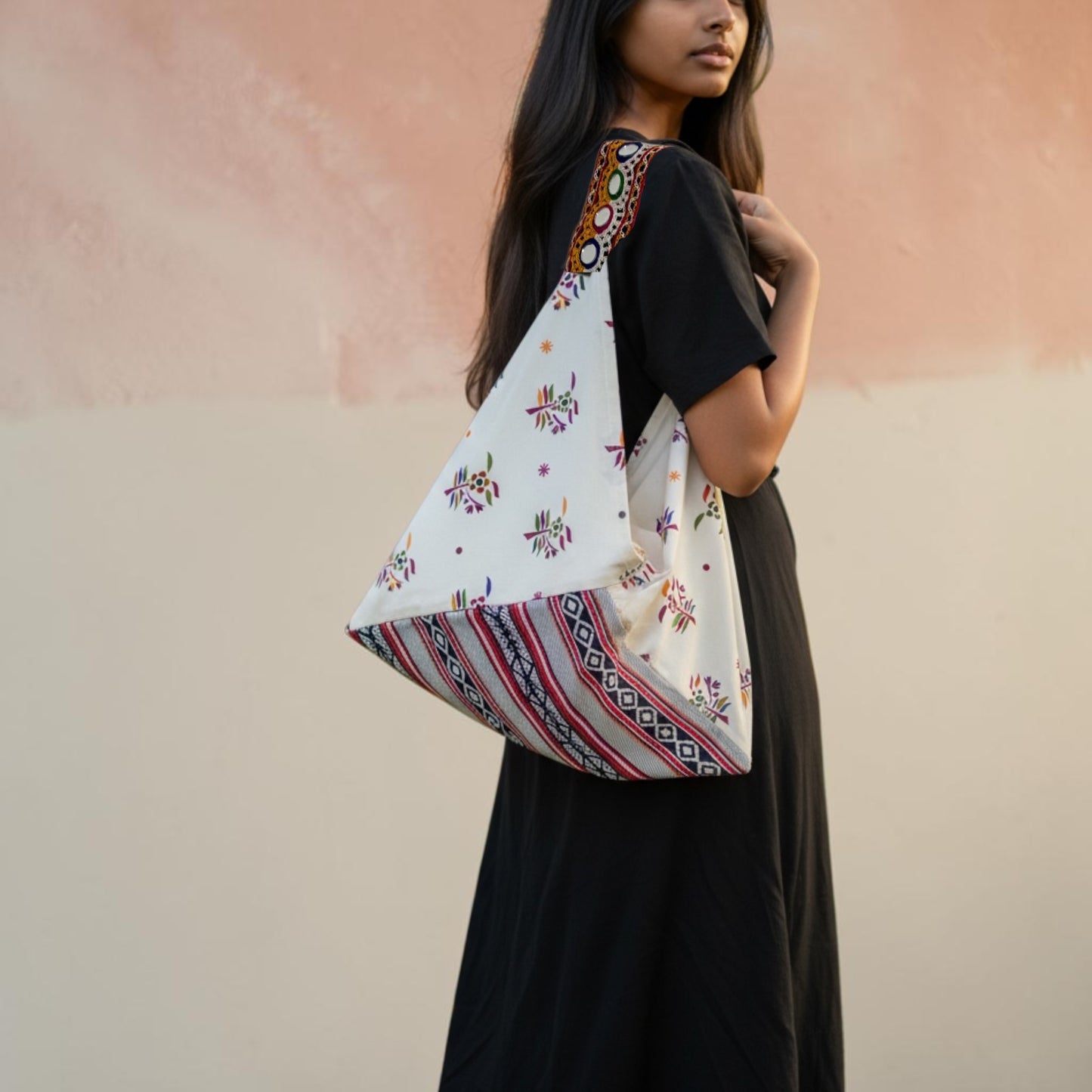 Handmade bento bag | White desert shades and flowers