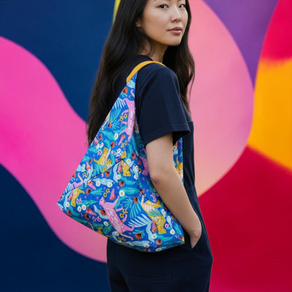 Handmade bento bag | Birds riding on wolves on a beautiful garden