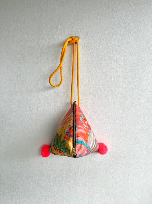 Origami dumpling bag , pom pom fabric bag , triangle handmade bag | Gauguin’s Tahiti - Jiakuma