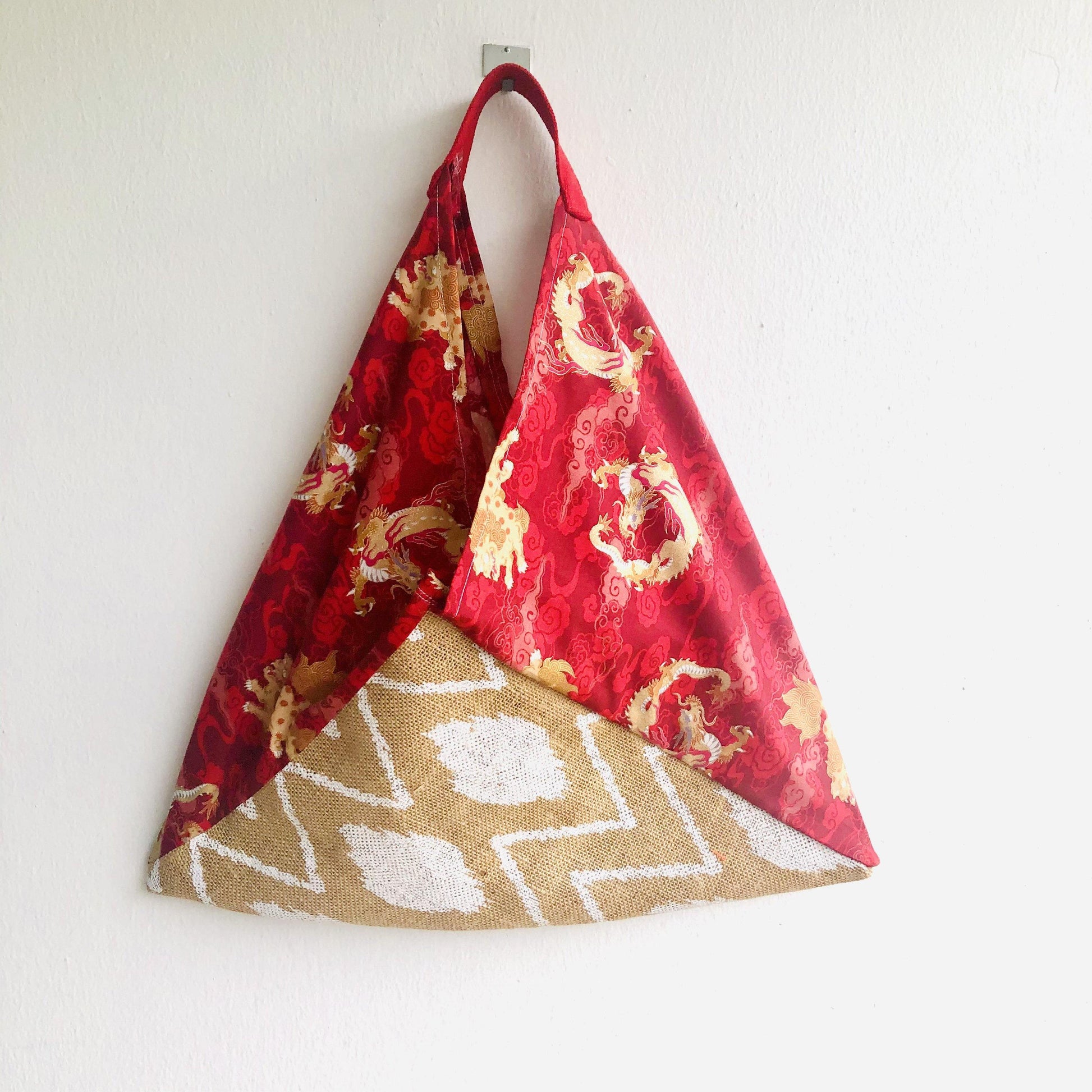 Tote bento bag , origami triangle fabric bag , japanese inspired bag , eco friendly tote bag | Dragons flying over a red summer sunset - Jiakuma