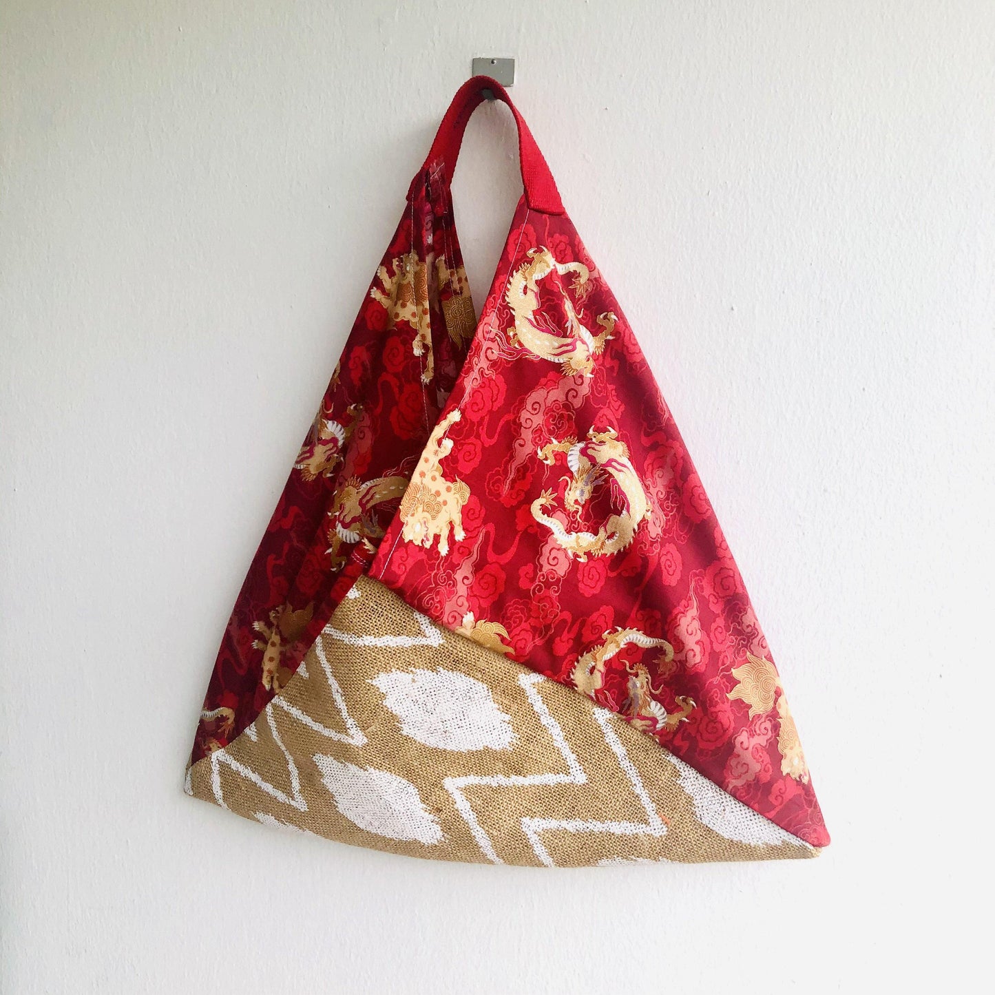 Tote bento bag , origami triangle fabric bag , japanese inspired bag , eco friendly tote bag | Dragons flying over a red summer sunset - Jiakuma