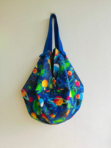 Origami sac bag , reversible fabric Japanese inspired bag , shoulder shopping bag | Glittered galaxy