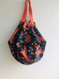 Origami sac bag , reversible fabric eco friendly bag , Japanese inspired shoulder bag | Cranes flying towards a yellow sun