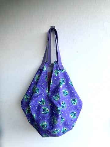 Origami sac bag , shoulder fabric bag , reversible tote bag | Cats , galaxies , and stars