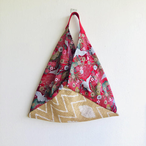 Origami shoulder bento bag , triangle tote bag , handmade Japanese inspired bag | Cranes & Jute - Jiakuma
