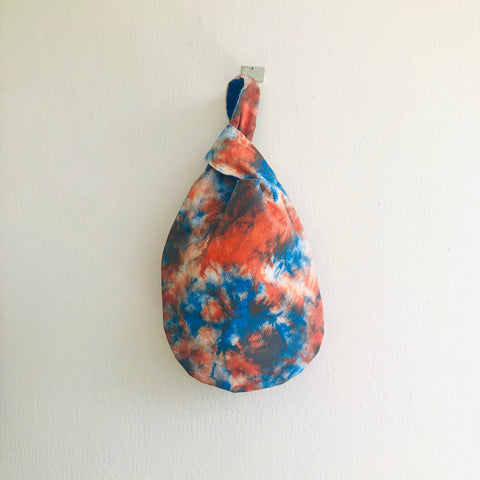Origami knot  bag , fabric reversible wrist bag , colorful Japanese inspired bag | Tie dye & deep blue velvet