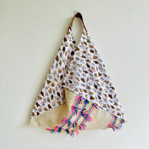 Origami bento boho bag , shoulder tote triangle tassels bag , fun eco friendly shopping bag | I am felling lucky