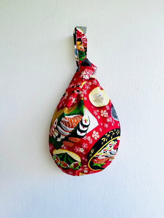 Knot origami bag , reversible fabric wrist bag , colorful eco friendly small bag | Going out with my besties for sushi - Jiakuma