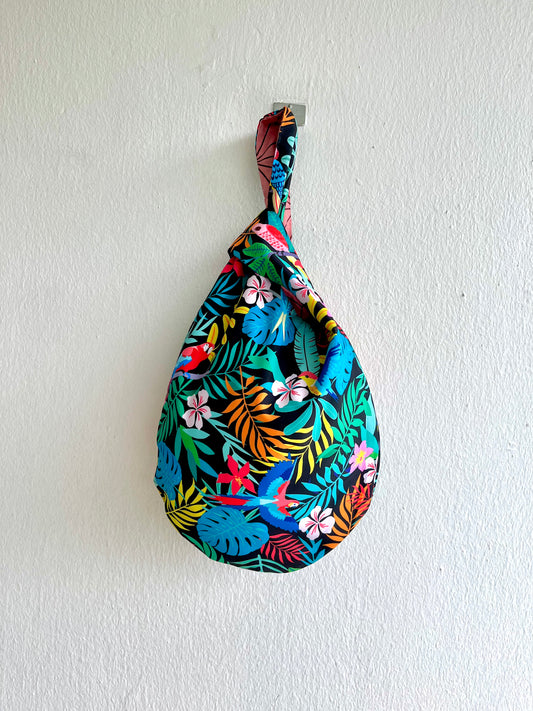 Origami knot bag , reversible colorful wrist bag , Japanese inspired bag | Tropical foresta - Jiakuma