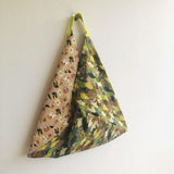 Shoulder origami bento bag , triangle tote bag , fabric bento tote | Green golden fans on a celebration day in Tokyo - Jiakuma