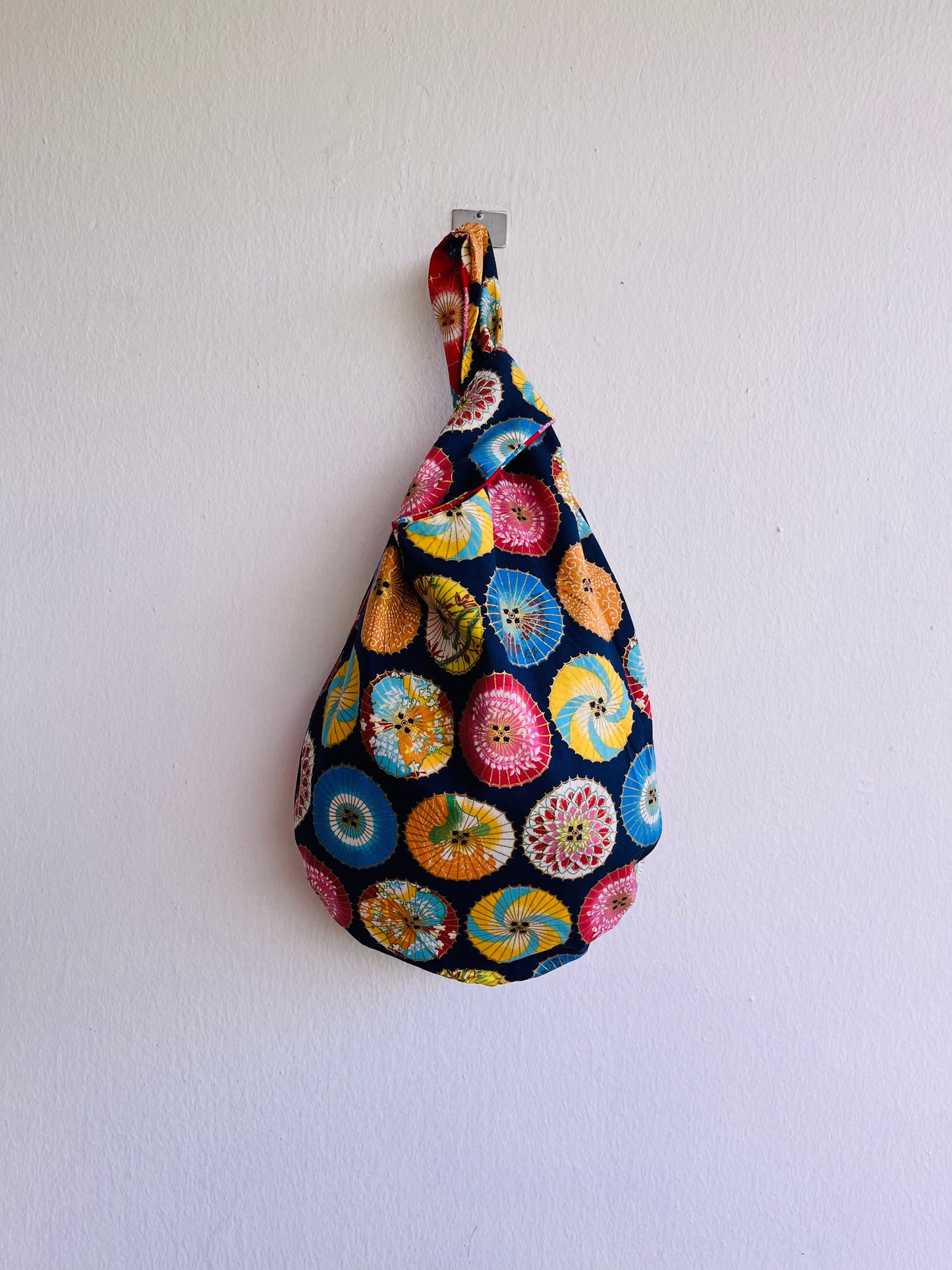 Origami knot bag , reversible fabric bag , cute wrist Japanese inspired bag | Blue & red Japanese umbrellas