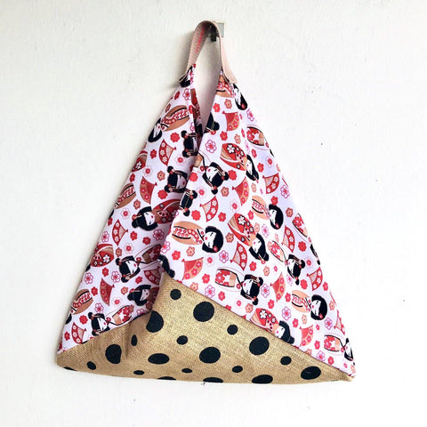 Origami shoulder bento tote bag , ecofriendly cool jute bag | white kokeshi dots - Jiakuma