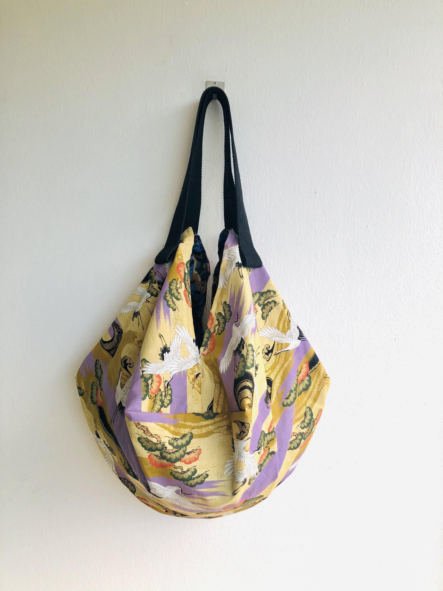 Japanese inspired sac bag , origami shoulder reversible bag , fabric handmade shopping eco bag | Golden cranes & dragons - Jiakuma