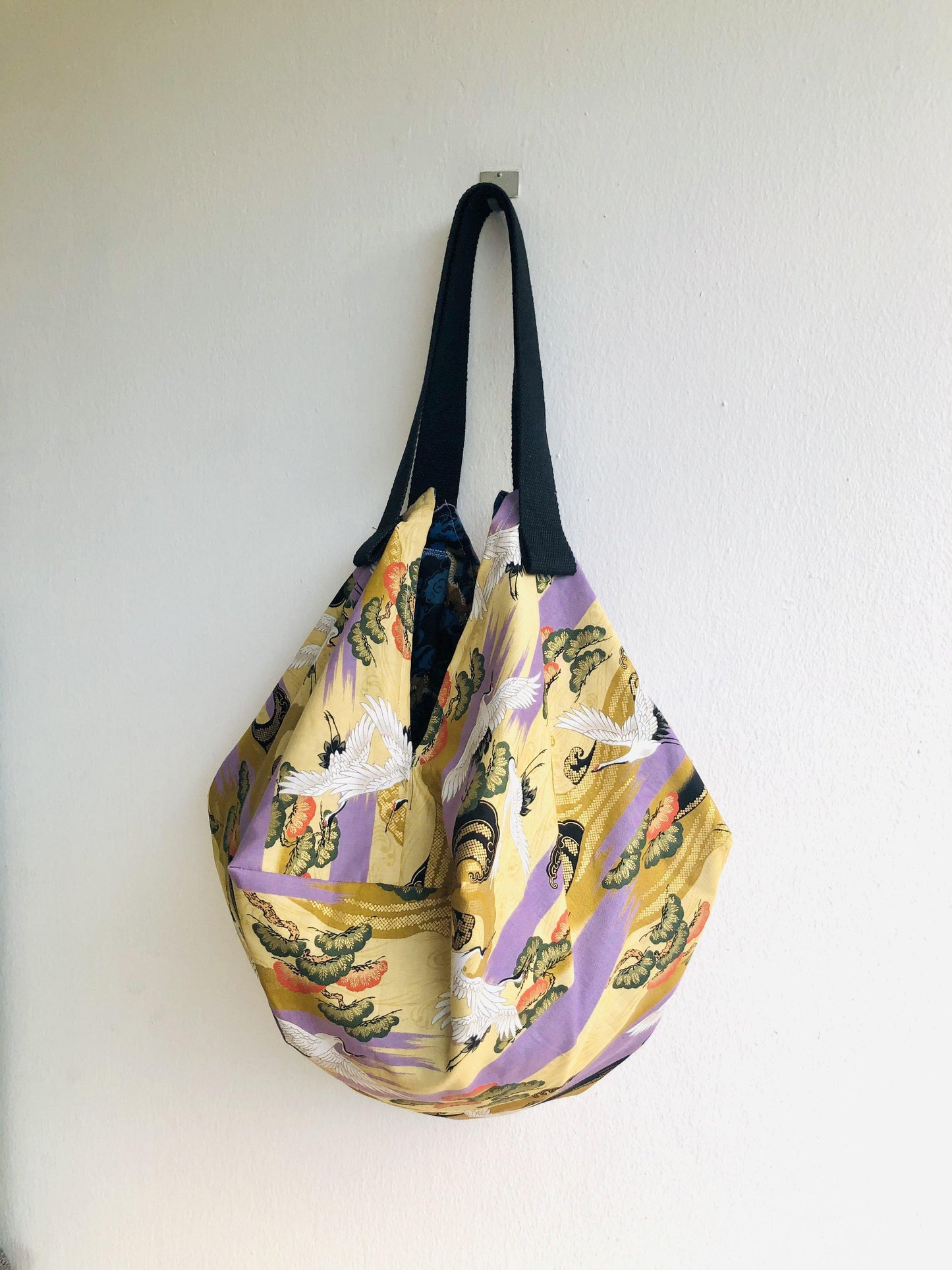 Japanese inspired sac bag , origami shoulder reversible bag , fabric handmade shopping eco bag | Golden cranes & dragons - Jiakuma