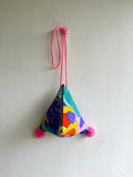 Origami Japanese inspired triangle dumpling bag , colorful fabric small bag , pom pom cute bag | Wonderland in Spring