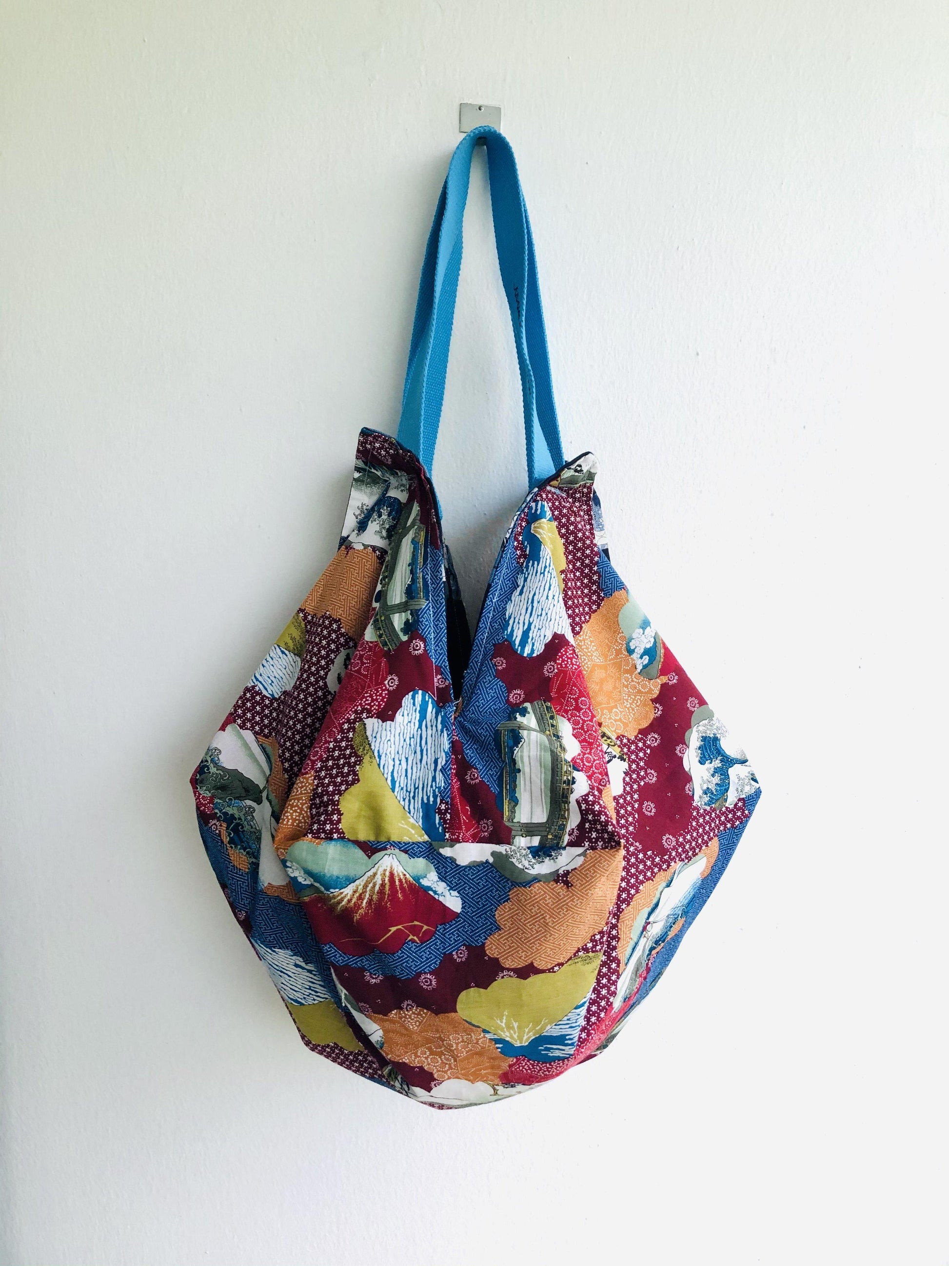 Origami sac reversible bag , fabric handmade Japanese inspired bag | Kabuki & mountain landscape - Jiakuma