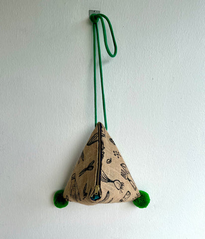 Origami fabric dumpling bag , Japanese inspired jute eco friendly bag . Pom pom bag | Farmers market