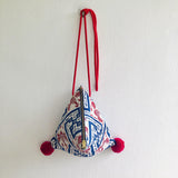 Origami small bag , triangle fabric eco bag , colorful pom poms | Red & blue batik - Jiakuma