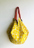 Origami sac shoulder bag, reversible fabric handmade Japanese Inspired bag | Beautiful Phoenix birds flying towards a bright and yellow Yvette sun - Jiakuma