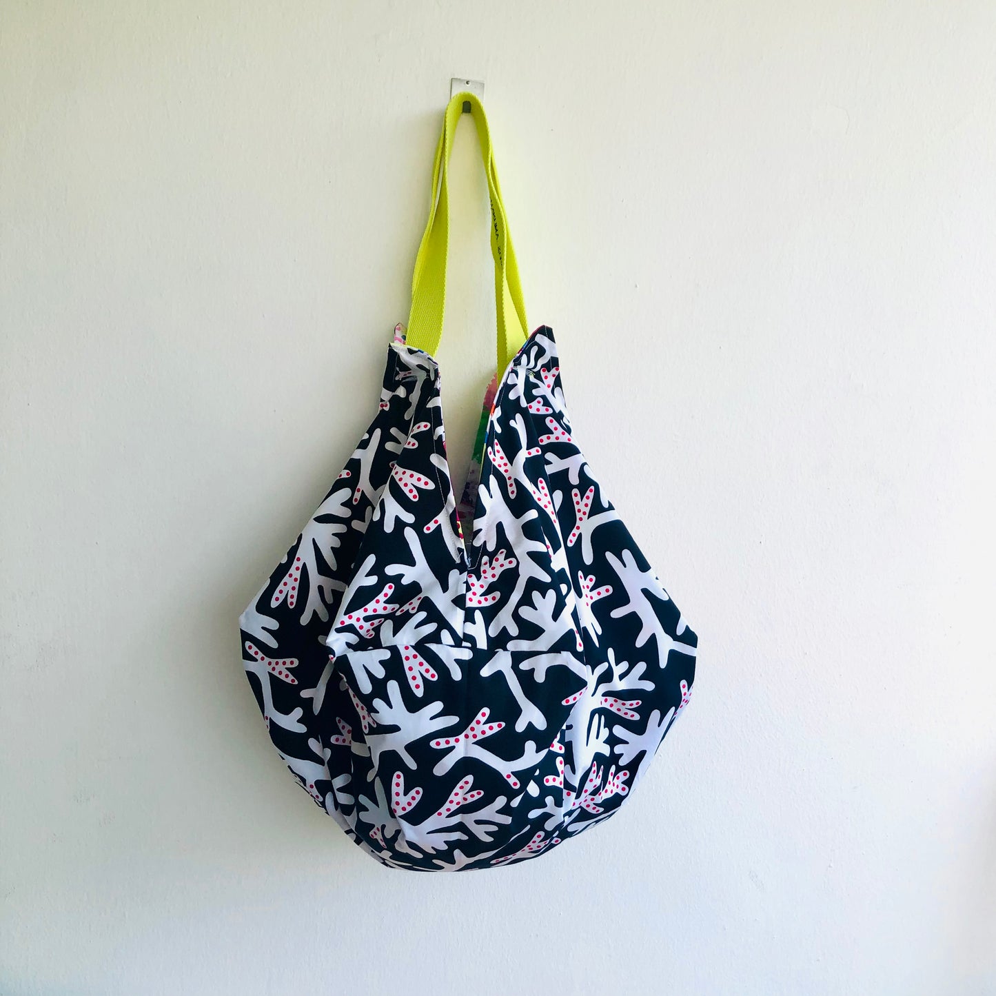 Sac origami bag , reversible Japanese inspired bag , eco friendly fabric shopping bag | Forest with geometries