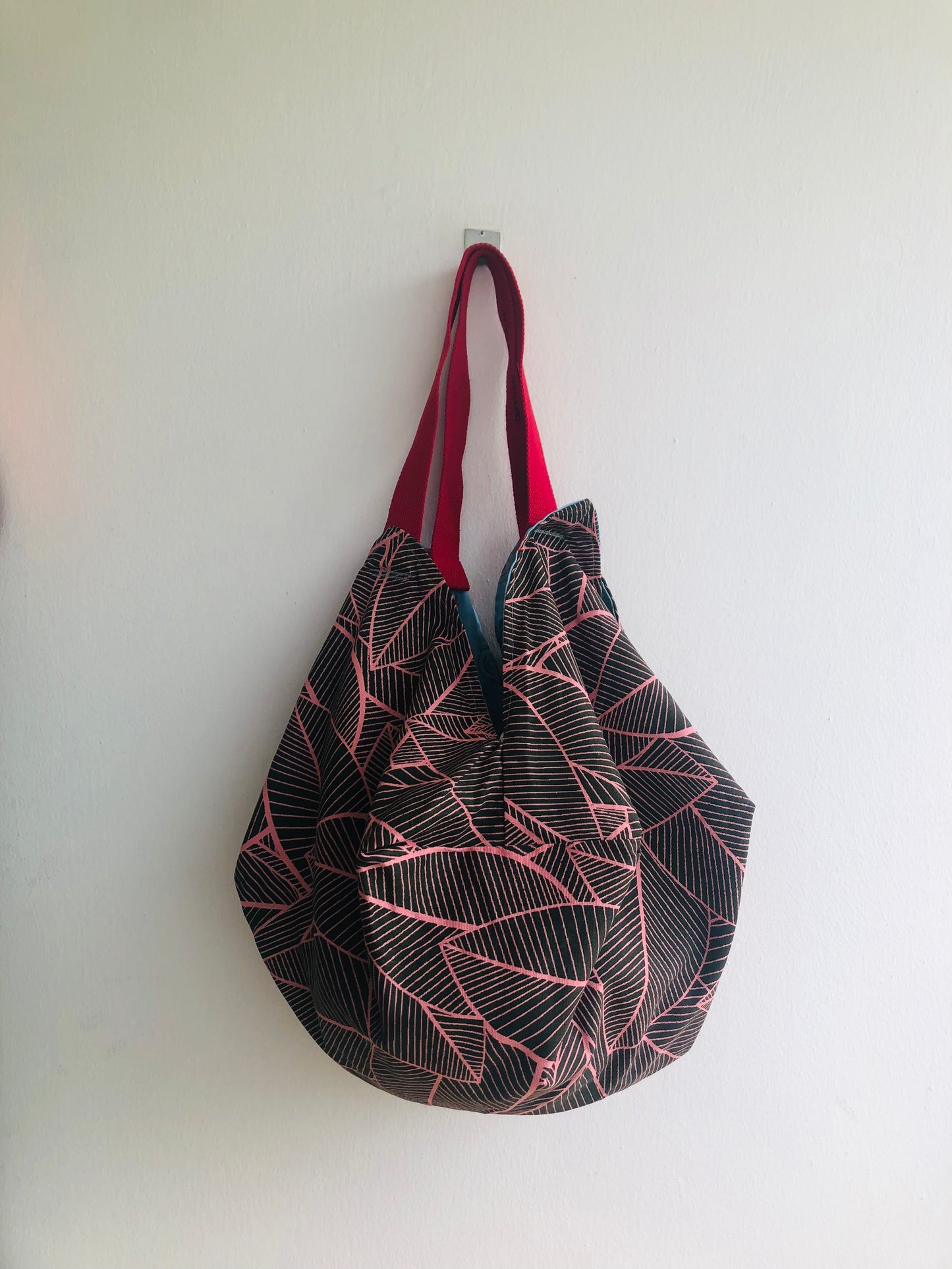 Origami shoulder bag , fabric sac reversible bag , handmade one of a kind Japanese inspired bag | Blue river with  red fish