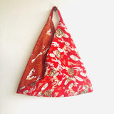 Triangle shoulder tote bag , colorful red bento bag , origami tote bag |Auspicious Dragons flying over a red sea with golden waves - Jiakuma