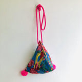 Origami triangle handmade bag , cute pom pom small tote bag | beautiful fishes swimming in a lotus pond - Jiakuma
