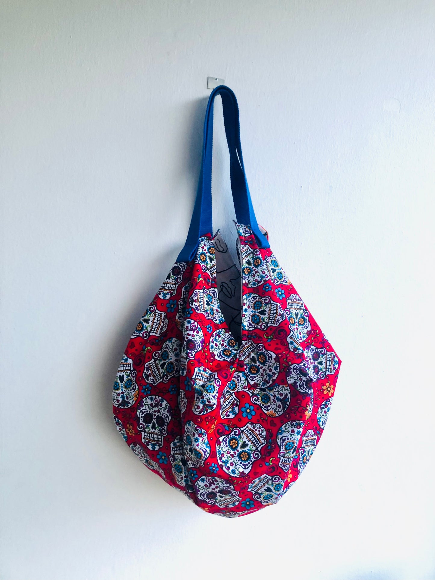 Origami sac bag , colorful reversible fabric bag , eco friendly shoulder shopping bag | Dia de los muertos