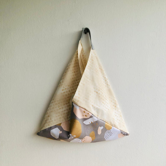 Origami tote bag , fabric Japanese inspired bag , shoulder triangle tote bag | Practicing calligraphy over golden skies - Jiakuma