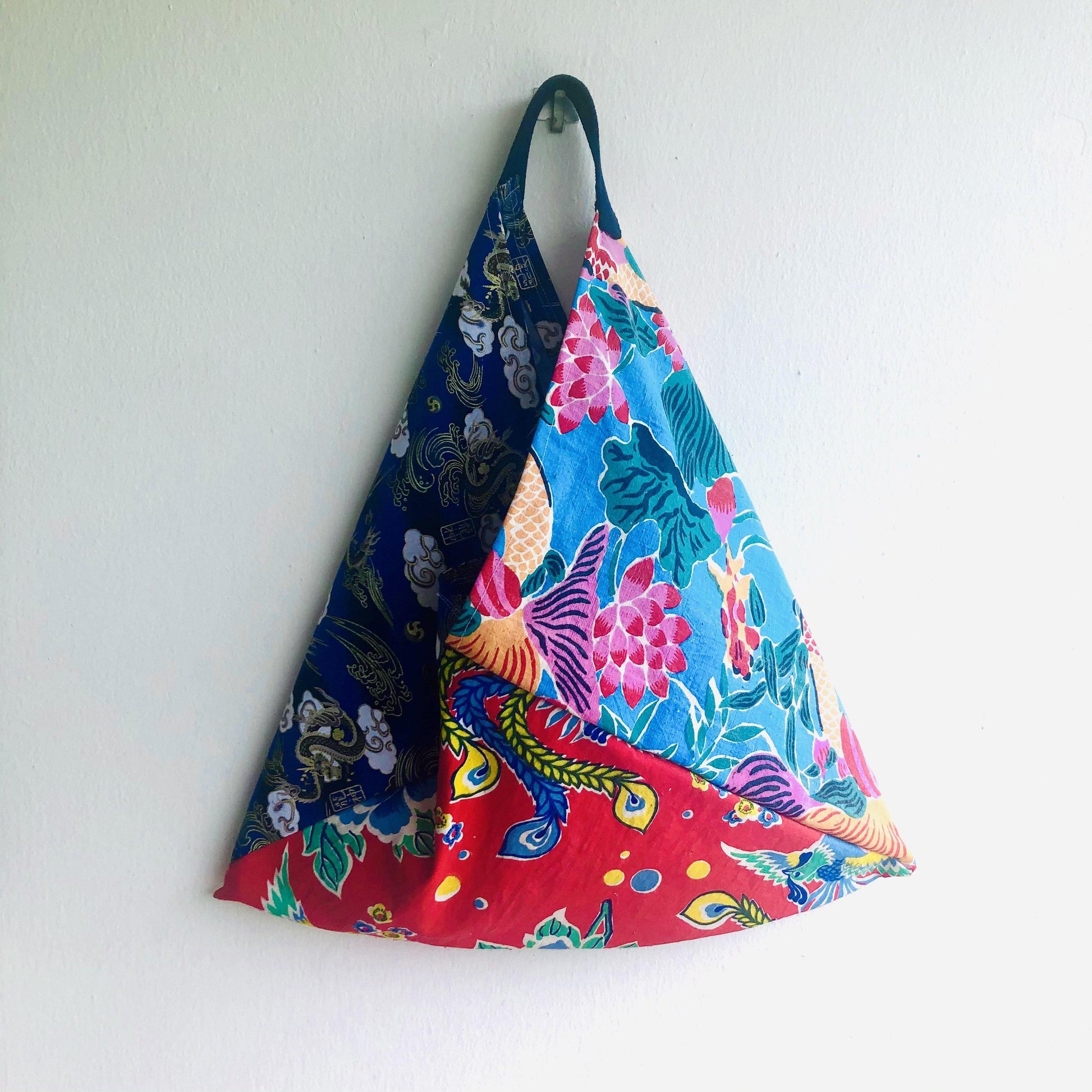 Origami bento bag , shoulder tote colorful ecc bag | Lucky dragons  flying in a blue sky over a pond with beautiful flowers - Jiakuma