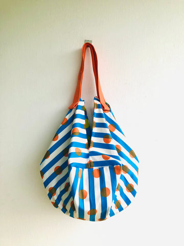 Origami sac bag , reversible fabric shoulder bag , eco friendly shopping summer bag | Polka dots & strips