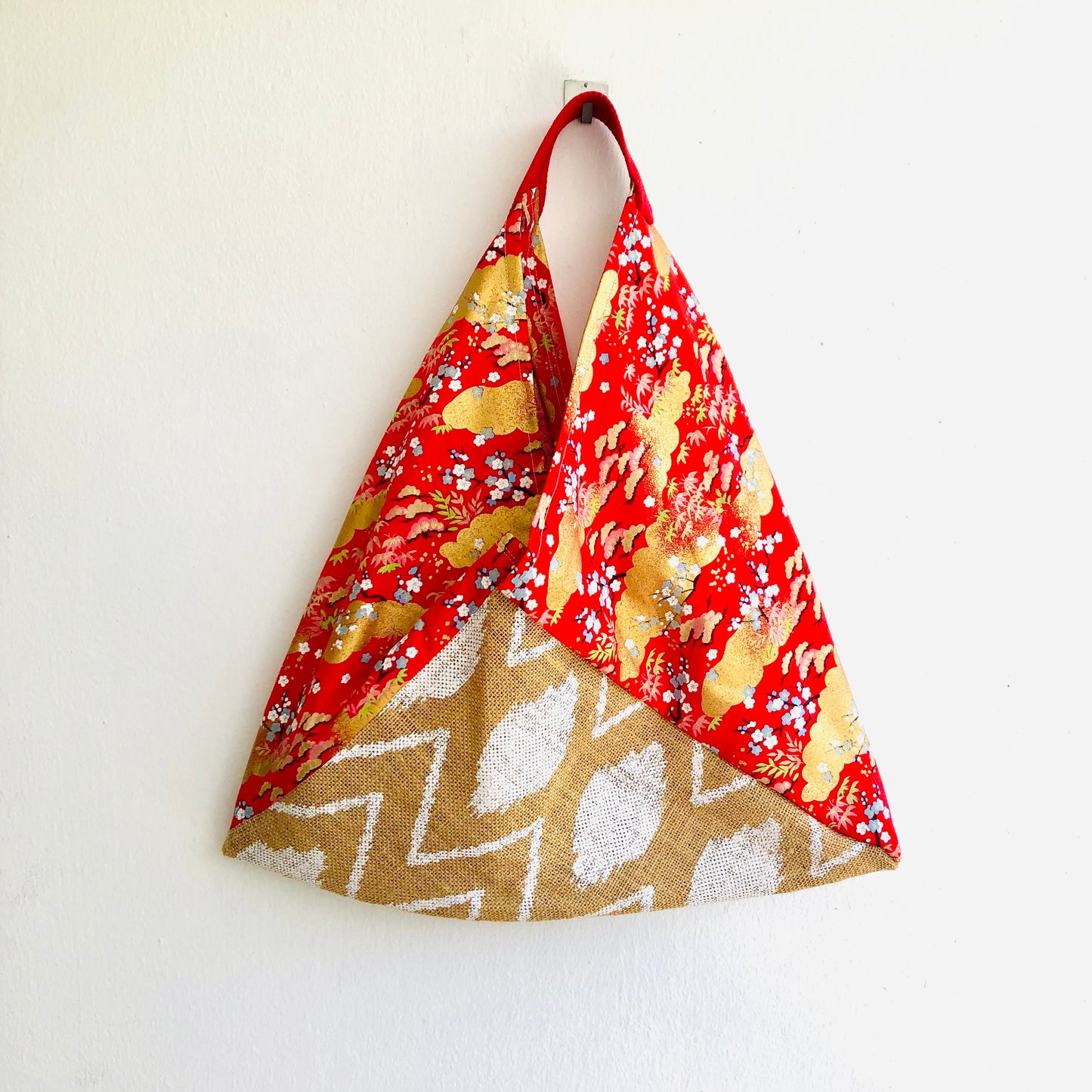 Origami bento bag , triangle shoulder fabric tote bag | a beautiful garden at sunset’s  golden hour