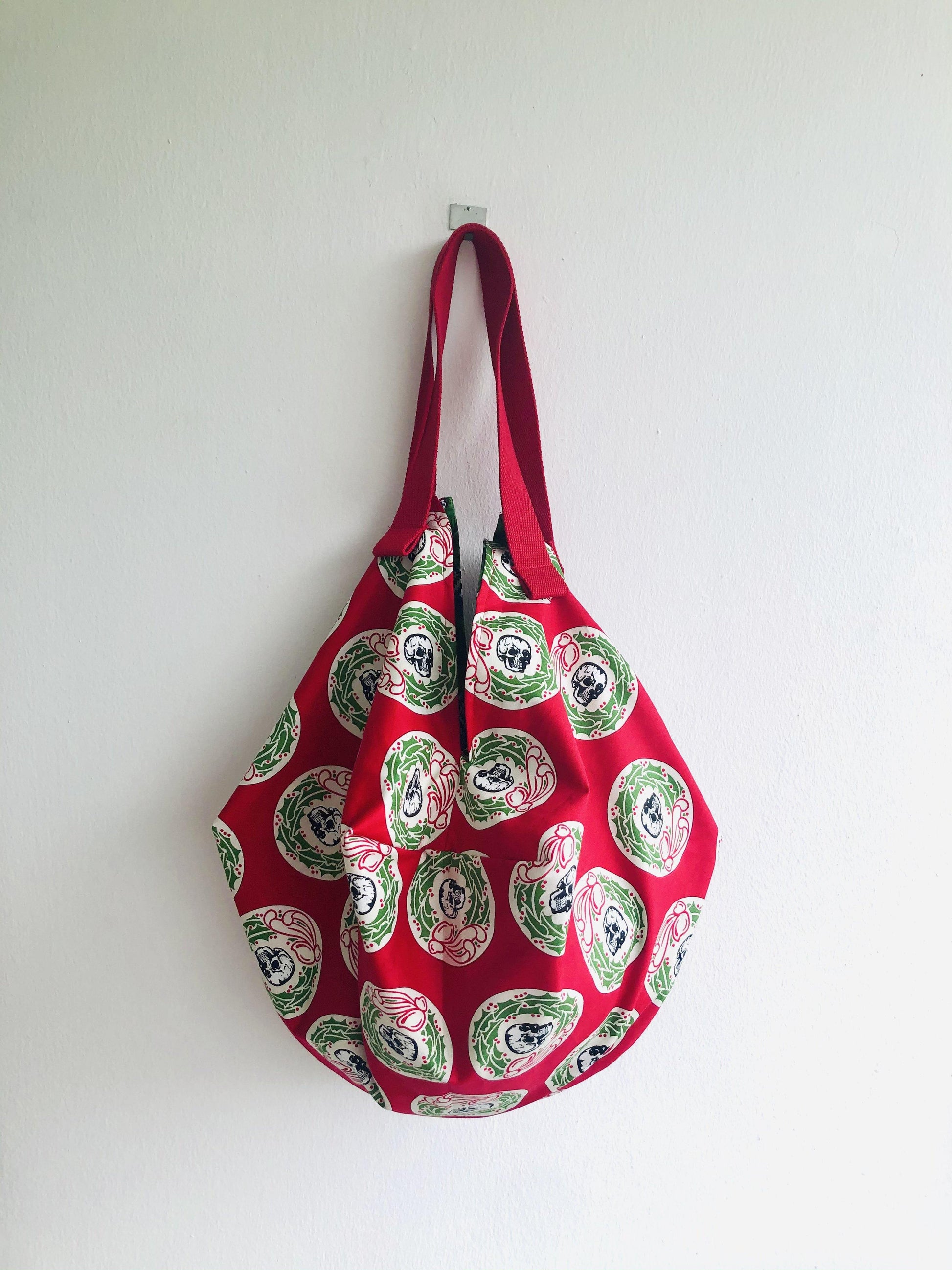 Sac origami red shoulder bag , reversible eco friendly shopping sac bag | el Dia de Los muertos - Jiakuma