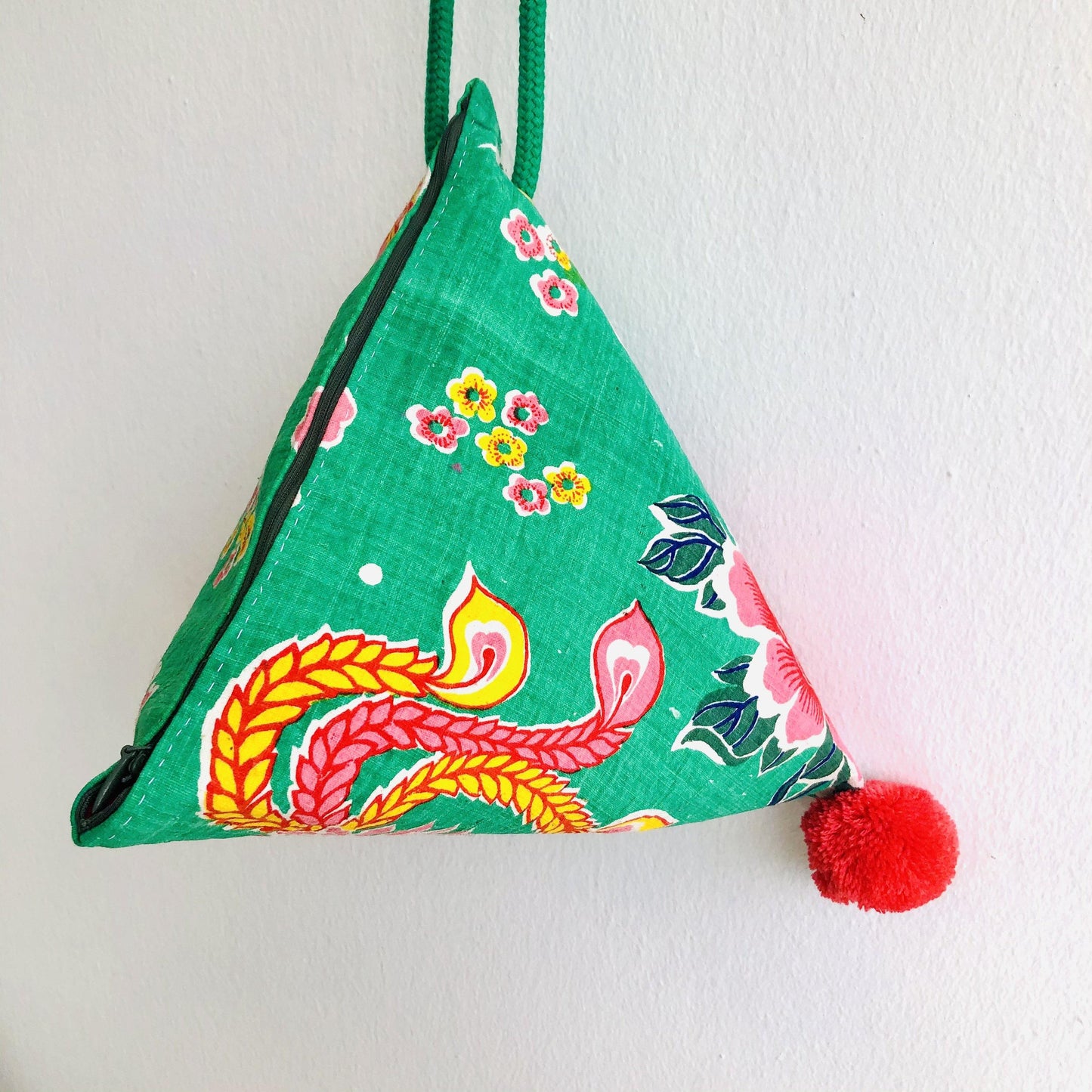 Handmade origami triangle bag , pom pom tote bag , Japanese inspired | Green Phoenix - Jiakuma