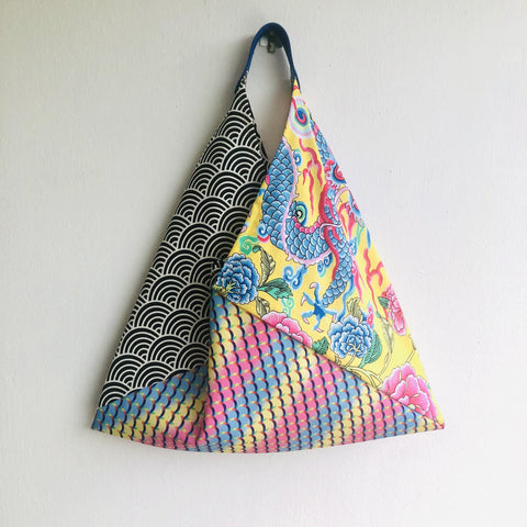 Origami bento bag , shoulder tote bag , handmade fabric bag , Japanese inspired bag | Dragon dance over Japanese waves - Jiakuma
