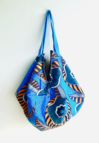 Origami sac shoulder bag , reversible fabric handmade bag , eco friendly African fabric shopping bag | African jungle & Sahara sand - Jiakuma