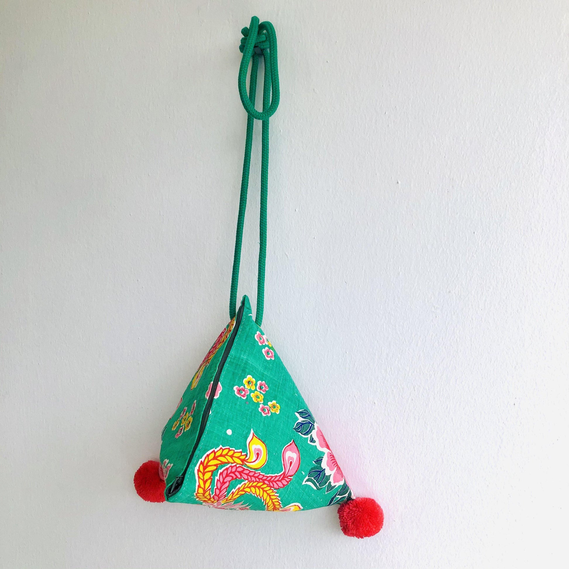 Handmade origami triangle bag , pom pom tote bag , Japanese inspired | Green Phoenix - Jiakuma