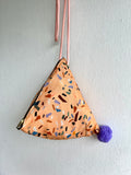 Origami dumpling bag , cute small triangle bag , pom pom fabric lunch bag , eco friendly easy to carry bag | Trencadis