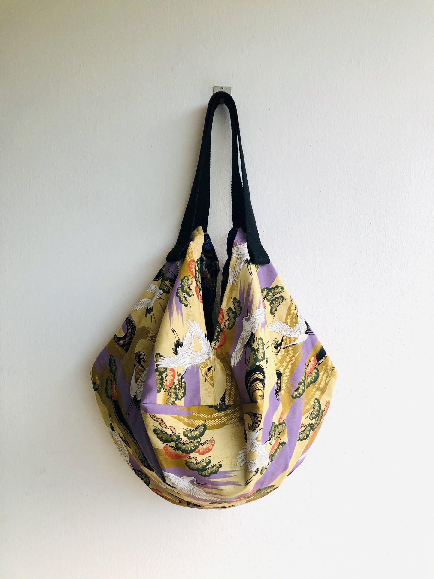 Japanese inspired sac bag , origami shoulder reversible bag , fabric handmade shopping eco bag | Golden cranes & dragons - Jiakuma