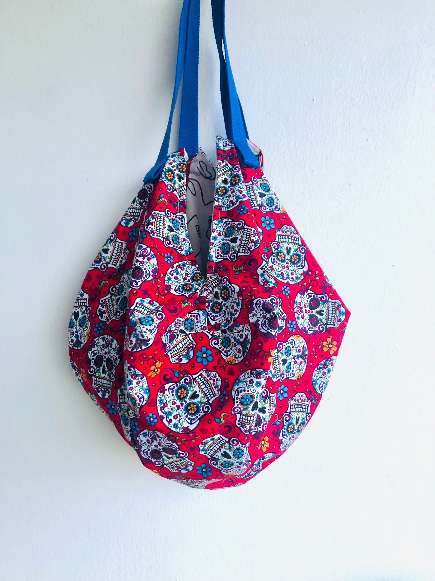 Origami sac bag , colorful reversible fabric bag , eco friendly shoulder shopping bag | Dia de los muertos