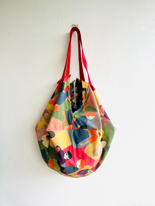 Origami Japanese inspired sac bag , reversible colorful cool print bag , shoulder shopping summer bag | Tahiti - Jiakuma