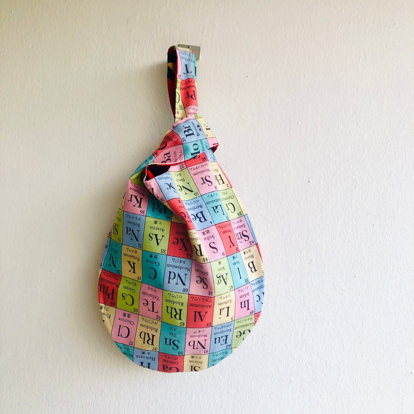 Wrist small bag , origami Japanese style knot bag , reversible fabric bag | The Periodic table