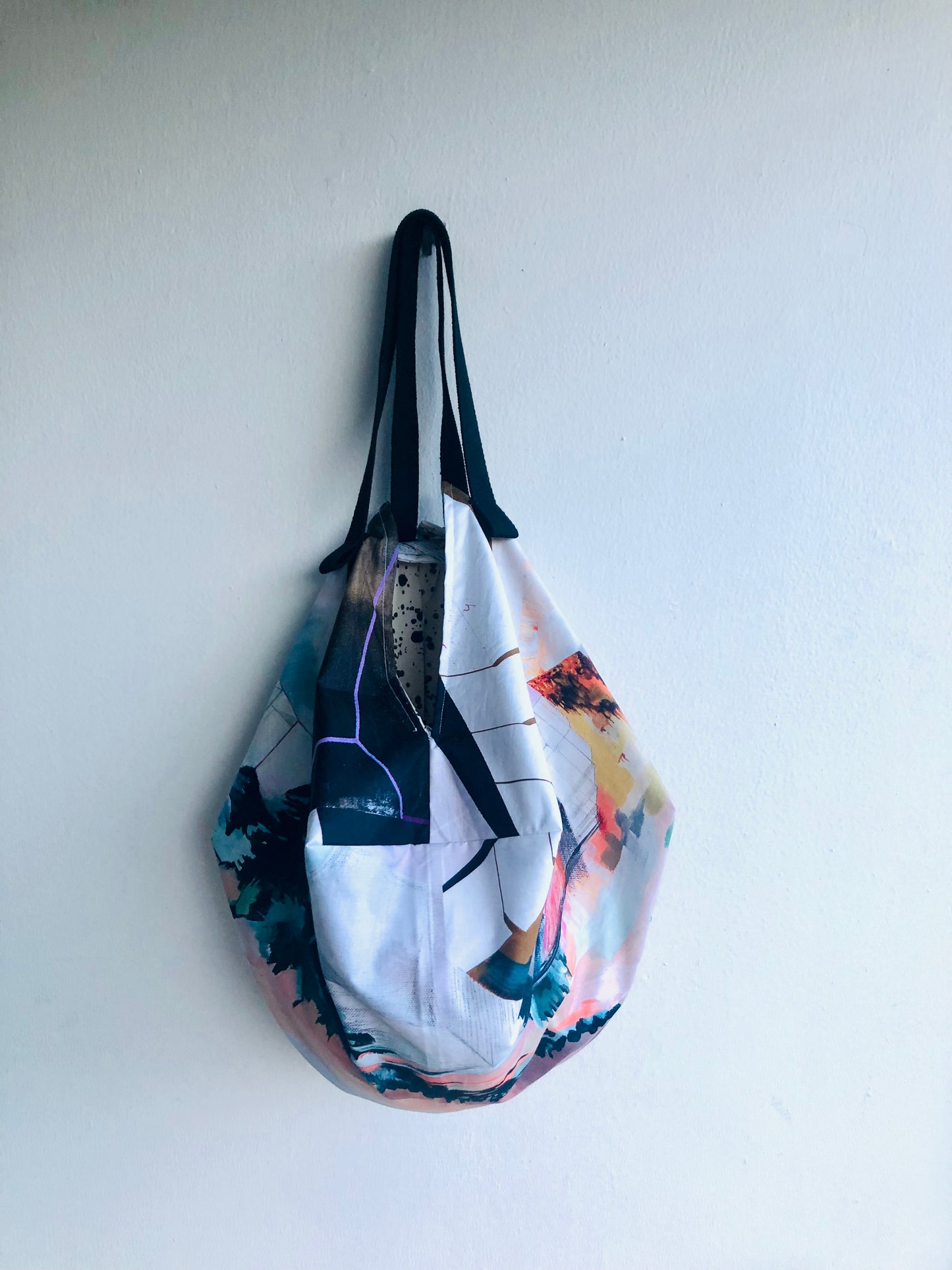 Cool origami bento bag , shoulder fabric handmade Japanese inspired bag | Contemporary landscape under a rain of ink drops