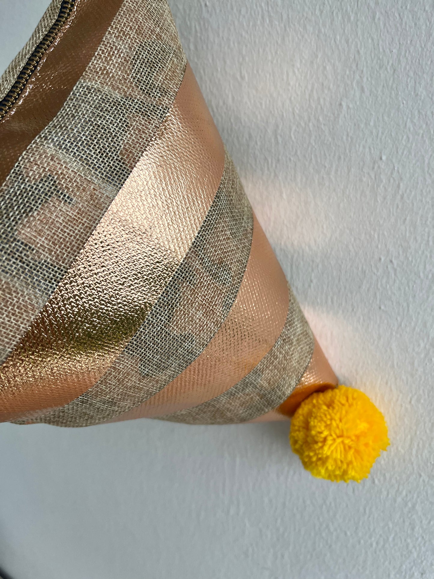 Origami dumpling bag , pom pom one of a kind bag , cute small triangle bag , origami weekend bag , jute eco friendly bag | Bronze gold lines - Jiakuma