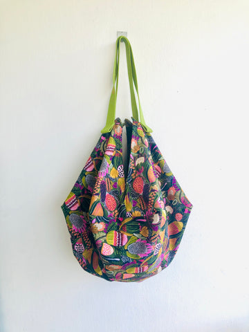 Origami sac bag , reversible shoulder bag , eco friendly shopping bag , Japanese inspired bag| Garden in Australia & polka dots