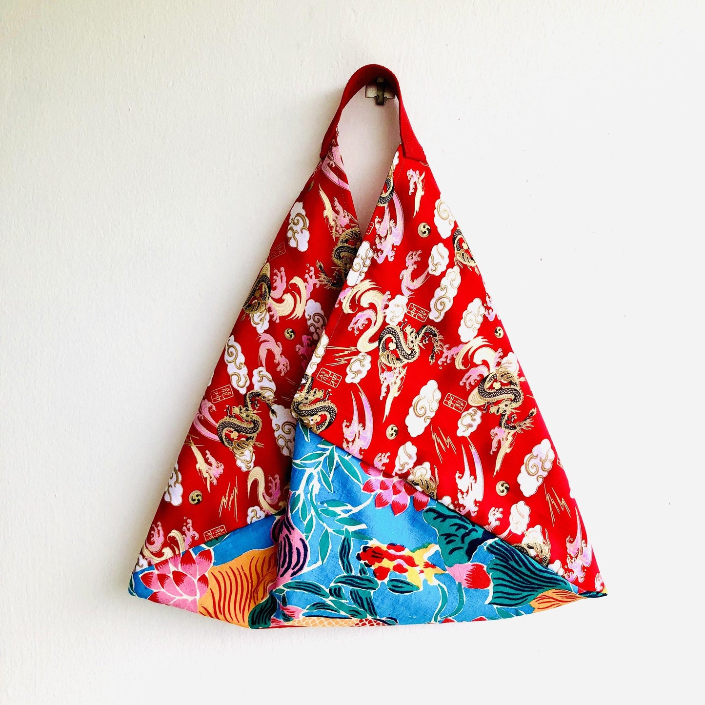 Shoulder bento bag , origami tote bag , colorful silkscreen print fabric | Red dragon in a lotus pond - Jiakuma