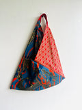 Origami bento bag , triangle tote bag , colorful eco friendly shoulder bag , fabric Japanese inspired bag | Red & gold